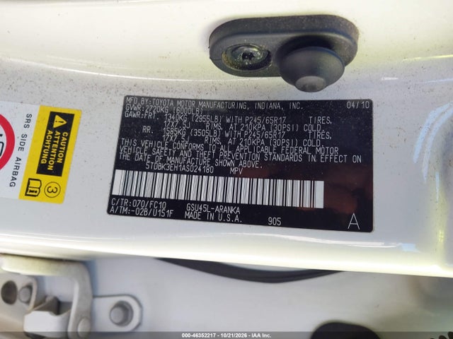 Aukcja sprzedaży 2010 Toyota Highlander Base V6, vin: 5TDBK3EH1AS024180, numer aukcji: 46352217