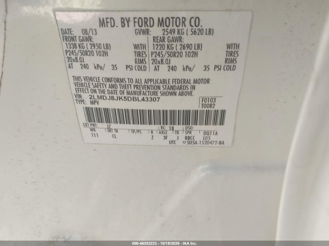 Продажа на аукционе авто 2013 Lincoln Mkx, vin: 2LMDJ8JK5DBL43307, номер лота: 46352223