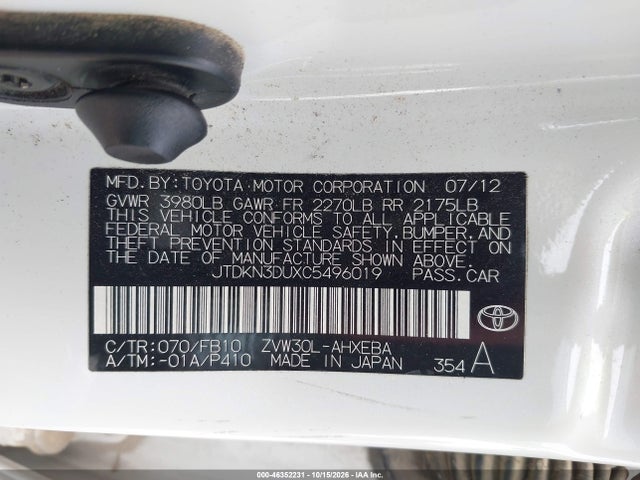 Продаж на аукціоні авто 2012 Toyota Prius Two, vin: JTDKN3DUXC5496019, номер лоту: 46352231