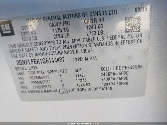 Продажа на аукционе авто 2016 Chevrolet Equinox Lt, vin: 2GNFLFEK1G6144437, номер лота: 46352262
