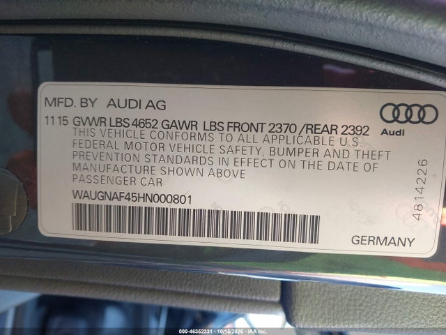 46352331 :رقم المزاد ، WAUGNAF45HN000801 vin ، 2017 Audi A4 2.0t Premium مزاد بيع