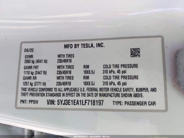 2020 Tesla Model 3 Standard Range Plus Rear-wheel Drive/standard Range Rear-wheel Drive მანქანა იყიდება აუქციონზე, vin: 5YJ3E1EA1LF718197, აუქციონის ნომერი: 46352337