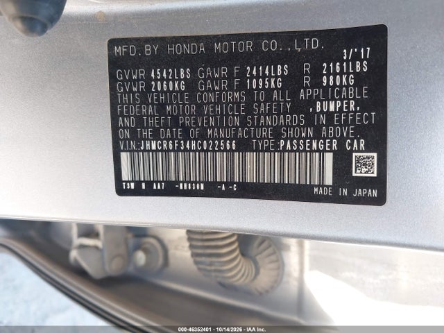 46352401 :رقم المزاد ، JHMCR6F34HC022566 vin ، 2017 Honda Accord Hybrid مزاد بيع