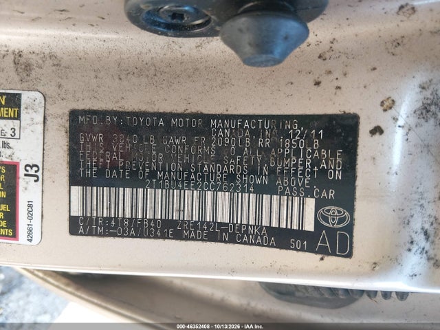 46352408 :رقم المزاد ، 2T1BU4EE2CC762314 vin ، 2012 Toyota Corolla Le مزاد بيع