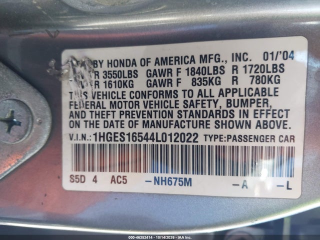 Продаж на аукціоні авто 2004 Honda Civic Lx, vin: 1HGES16544L012022, номер лоту: 46352414