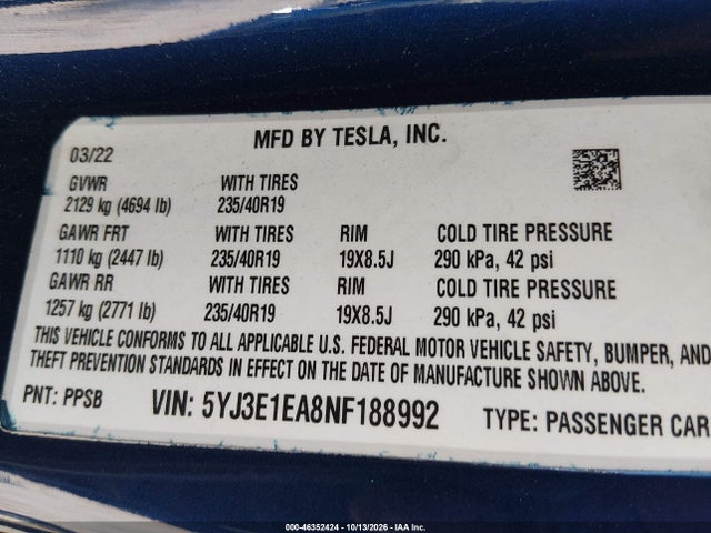 Tesla Model 3 Rear-wheel Drive 2022 5YJ3E1EA8NF188992 Image 9