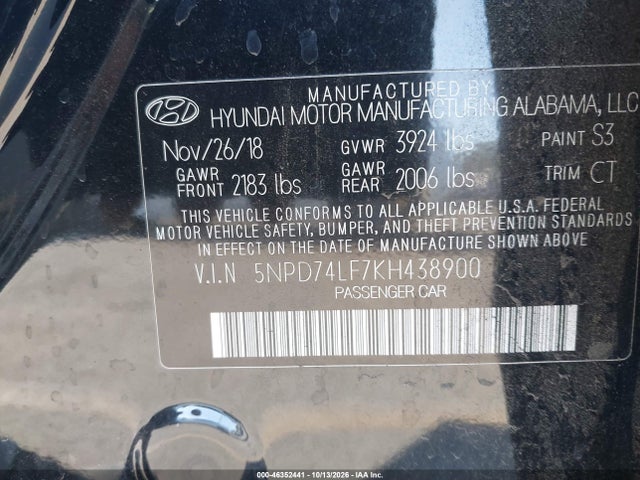 5NPD74LF7KH438900 Hyundai ELANTRA SE