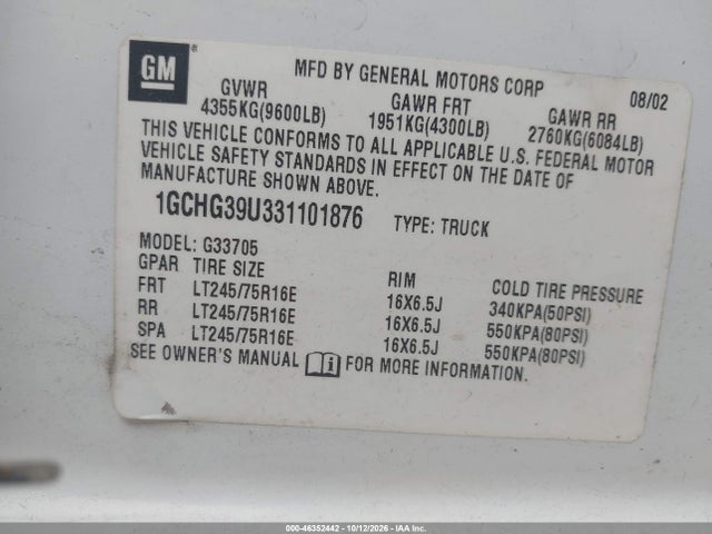 Продажа на аукционе авто 2003 Chevrolet Express, vin: 1GCHG39U331101876, номер лота: 46352442
