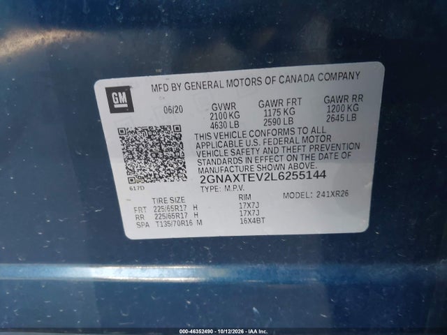 Aukcja sprzedaży 2020 Chevrolet Equinox Awd 2fl, vin: 2GNAXTEV2L6255144, numer aukcji: 46352490