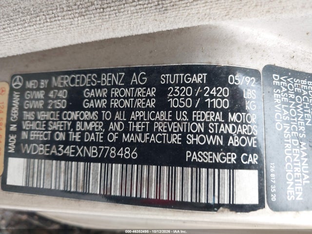 46352495 :رقم المزاد ، WDBEA34EXNB778486 vin ، 1992 Mercedes-benz 400 E مزاد بيع