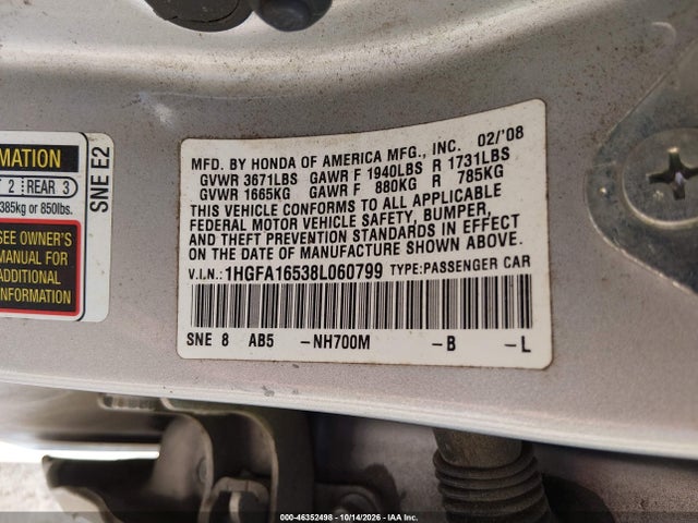 2008 Honda Civic Lx მანქანა იყიდება აუქციონზე, vin: 1HGFA16538L060799, აუქციონის ნომერი: 46352498