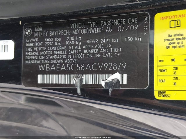 Продаж на аукціоні авто 2010 Bmw 650i, vin: WBAEA5C58ACV92879, номер лоту: 46352514
