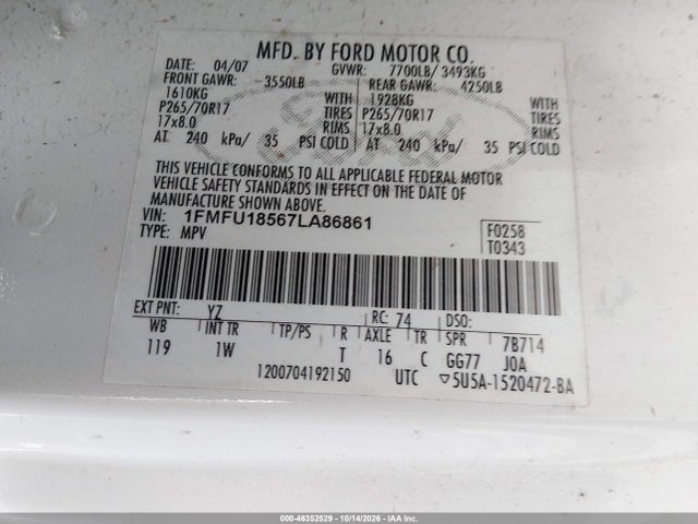 Продажа на аукционе авто 2007 Ford Expedition Eddie Bauer, vin: 1FMFU18567LA86861, номер лота: 46352529