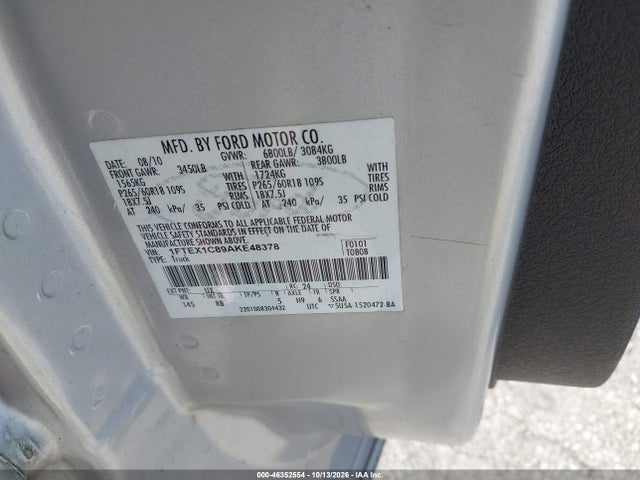 Продаж на аукціоні авто 2010 Ford F-150 Fx2 Sport/stx/xl/xlt, vin: 1FTEX1C89AKE48378, номер лоту: 46352554