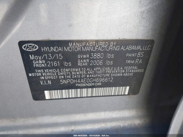 Aukcja sprzedaży 2016 Hyundai Elantra Se, vin: 5NPDH4AE0GH696612, numer aukcji: 46352555