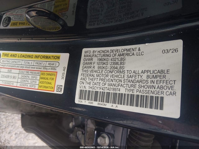 2026 Honda Accord Se მანქანა იყიდება აუქციონზე, vin: 1HGCY1F42TA018974, აუქციონის ნომერი: 46352563