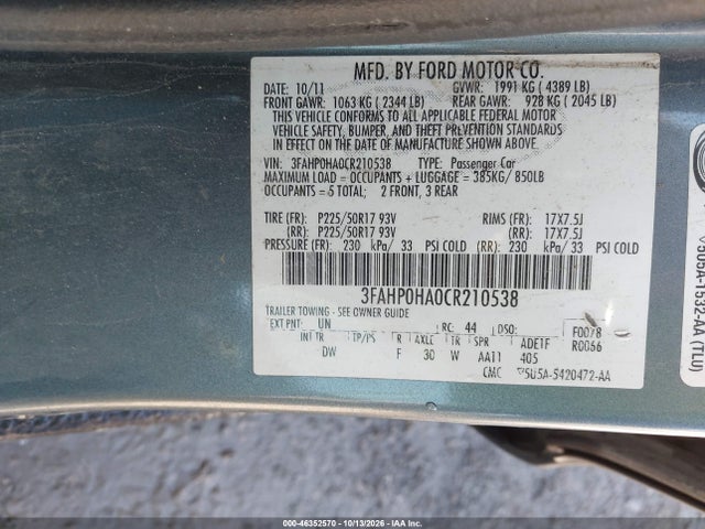 Продаж на аукціоні авто 2012 Ford Fusion Se, vin: 3FAHP0HA0CR210538, номер лоту: 46352570