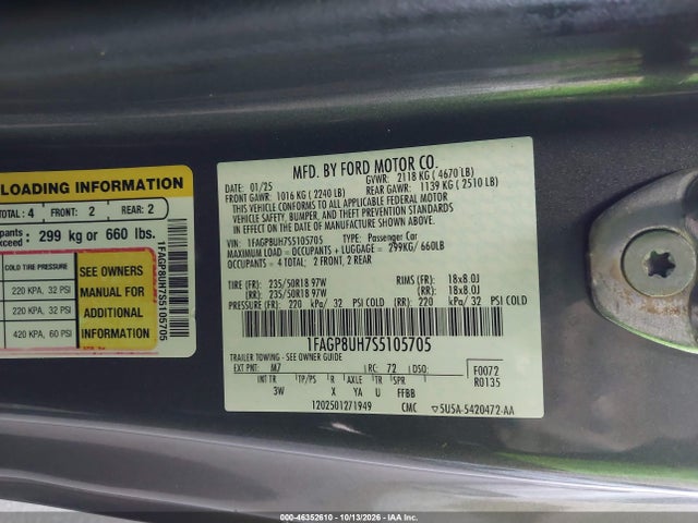 2025 Ford Mustang Ecoboost Premium მანქანა იყიდება აუქციონზე, vin: 1FAGP8UH7S5105705, აუქციონის ნომერი: 46352610