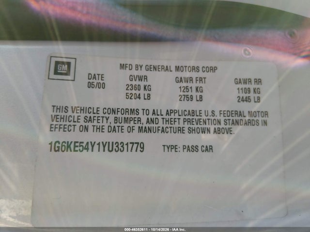 46352611 :رقم المزاد ، 1G6KE54Y1YU331779 vin ، 2000 Cadillac Deville Dhs مزاد بيع