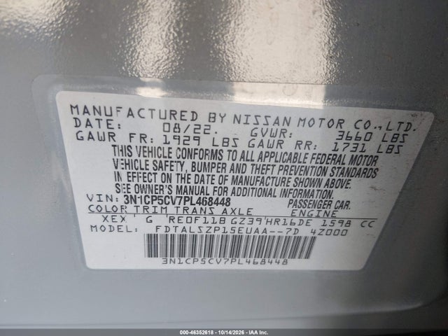 Продаж на аукціоні авто 2023 Nissan Kicks Sv Xtronic Cvt, vin: 3N1CP5CV7PL468448, номер лоту: 46352618