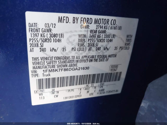 2013 Ford Explorer Limited მანქანა იყიდება აუქციონზე, vin: 1FM5K7F86DGA21630, აუქციონის ნომერი: 46352673