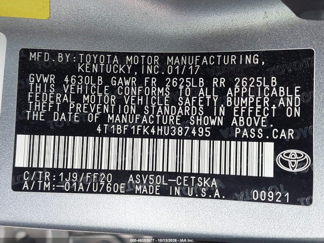 Aukcja sprzedaży 2017 Toyota Camry Se, vin: 4T1BF1FK4HU387495, numer aukcji: 46352677
