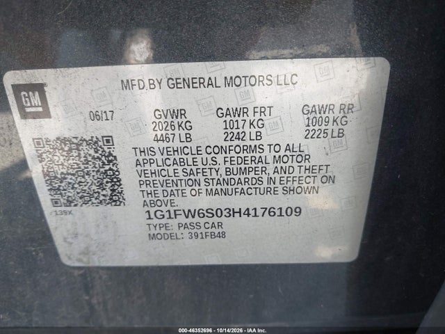 46352696 :رقم المزاد ، 1G1FW6S03H4176109 vin ، 2017 Chevrolet Bolt Ev Lt مزاد بيع