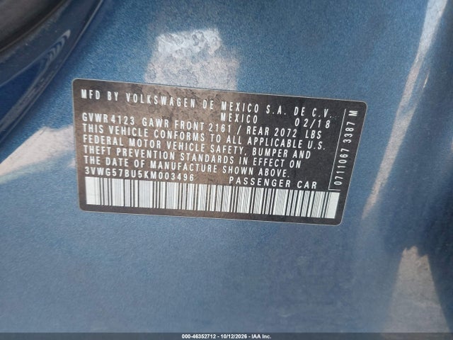 3VWG57BU5KM003496 Volkswagen Jetta 1.4t Sel Premium