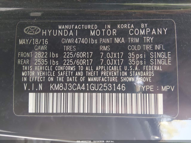 Aukcja sprzedaży 2016 Hyundai Tucson Se, vin: KM8J3CA41GU253146, numer aukcji: 46352758