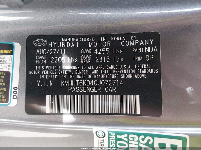 Продаж на аукціоні авто 2012 Hyundai Genesis 2.0t, vin: KMHHT6KD4CU072714, номер лоту: 46352766