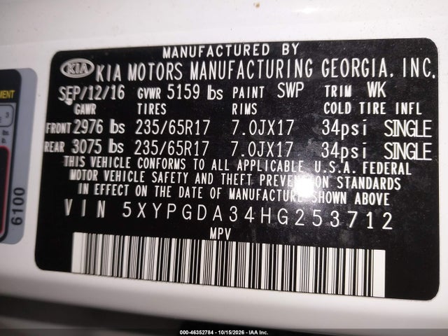 KIA Sorento 2.4l Lx 2017 5XYPGDA34HG253712 Image 9