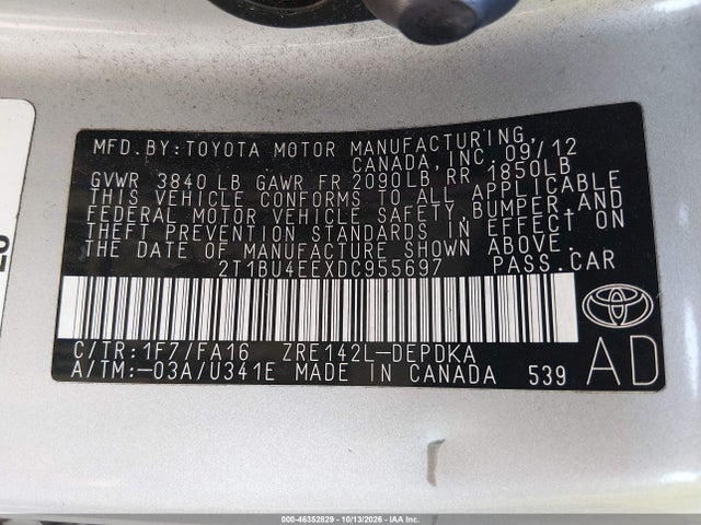 46352829 :رقم المزاد ، 2T1BU4EEXDC955697 vin ، 2013 Toyota Corolla L مزاد بيع