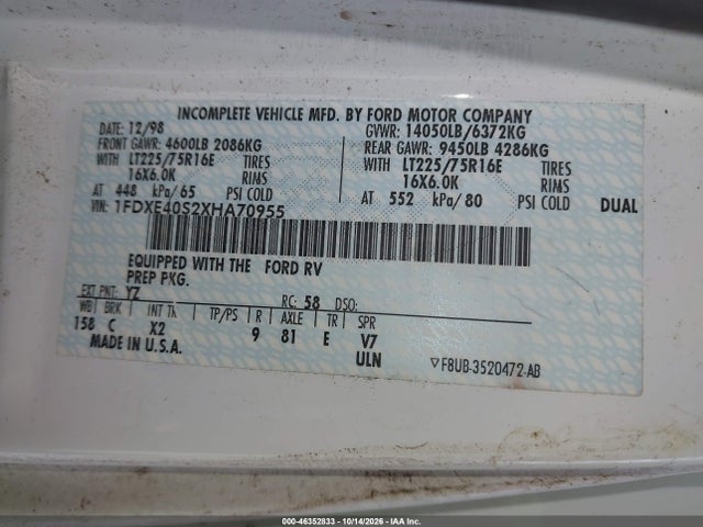 Продажа на аукционе авто 1999 Ford Econoline Motor Home E450 Super Duty Cutwy  Rv, vin: 1FDXE40S2XHA70955, номер лота: 46352833