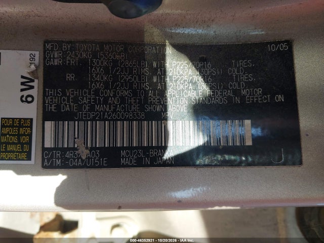 Aukcja sprzedaży 2006 Toyota Highlander V6, vin: JTEDP21A260098338, numer aukcji: 46352921