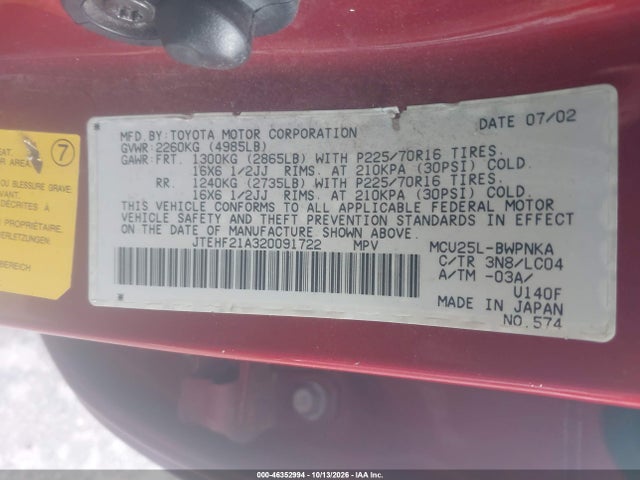 Aukcja sprzedaży 2002 Toyota Highlander Limited V6, vin: JTEHF21A320091722, numer aukcji: 46352994