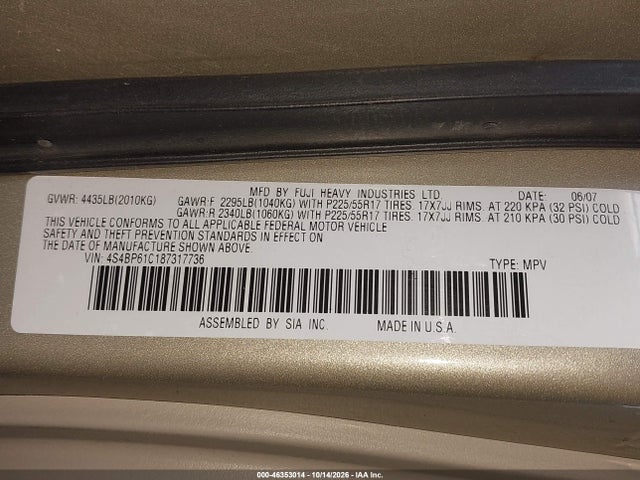46353014 :رقم المزاد ، 4S4BP61C187317736 vin ، 2008 Subaru Outback 2.5i/2.5i L.l. Bean Edition مزاد بيع