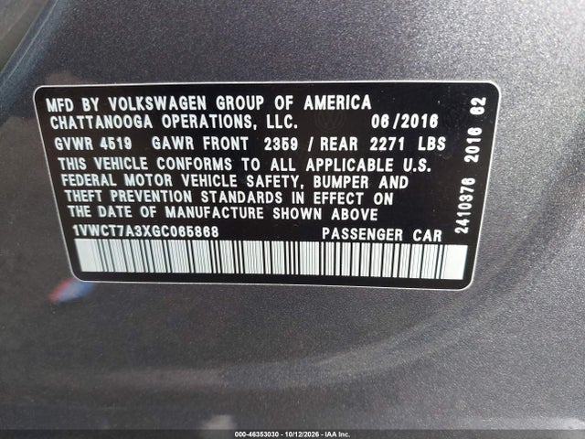 Продажа на аукционе авто 2016 Volkswagen Passat 1.8t Sel, vin: 1VWCT7A3XGC065868, номер лота: 46353030