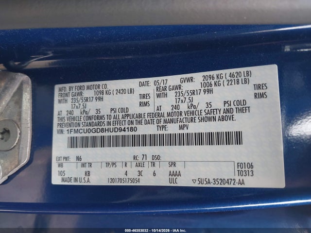 46353032 :رقم المزاد ، 1FMCU0GD8HUD94180 vin ، 2017 Ford Escape Se مزاد بيع
