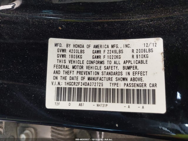 Продаж на аукціоні авто 2013 Honda Accord Lx, vin: 1HGCR2F34DA072725, номер лоту: 46353037