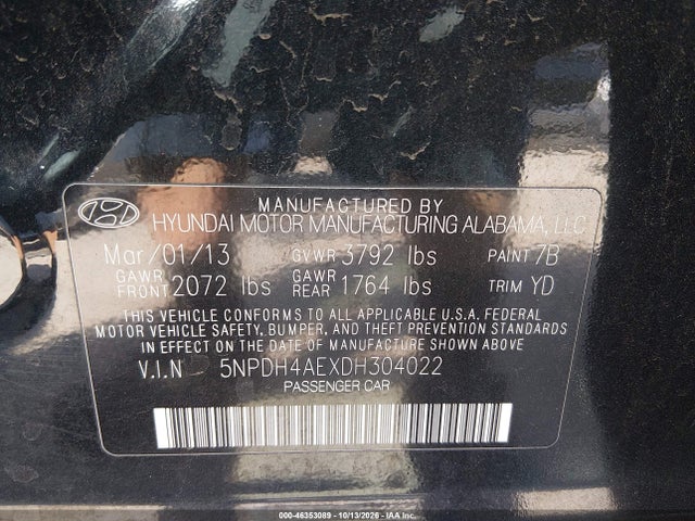 Продаж на аукціоні авто 2013 Hyundai Elantra Gls, vin: 5NPDH4AEXDH304022, номер лоту: 46353089