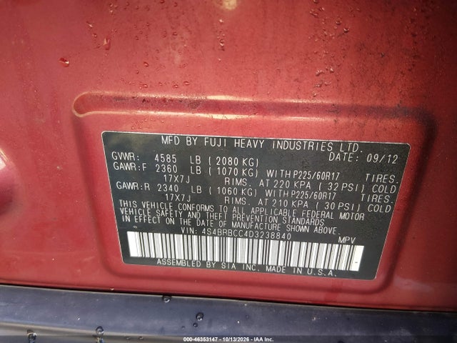Продаж на аукціоні авто 2013 Subaru Outback 2.5i Premium, vin: 4S4BRBCC4D3238840, номер лоту: 46353147