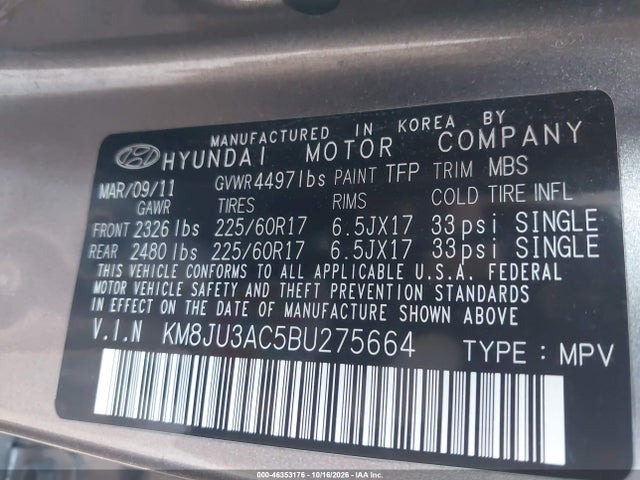 Auction sale of the 2011 Hyundai Tucson Gls, vin: KM8JU3AC5BU275664, lot number: 46353176
