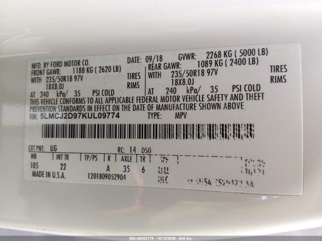 Продажа на аукционе авто 2019 Lincoln Mkc Select, vin: 5LMCJ2D97KUL09774, номер лота: 46353179