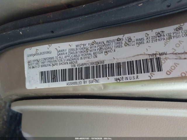 Продажа на аукционе авто 2009 Subaru Outback 2.5i, vin: 4S4BP61C996334968, номер лота: 46353183