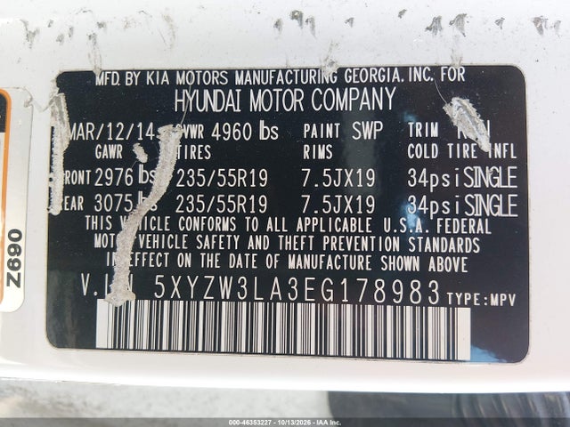 46353227 :رقم المزاد ، 5XYZW3LA3EG178983 vin ، 2014 Hyundai Santa Fe Sport 2.0l Turbo مزاد بيع