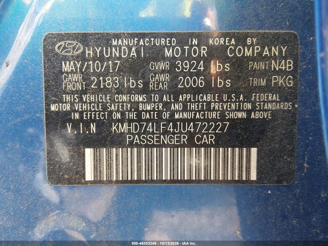 46353246 :رقم المزاد ، KMHD74LF4JU472227 vin ، 2018 Hyundai Elantra Se مزاد بيع