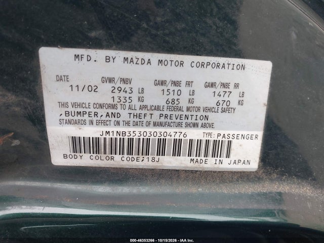 2003 Mazda Mx-5 Miata Cloth/ls/se/shinsen მანქანა იყიდება აუქციონზე, vin: JM1NB353030304776, აუქციონის ნომერი: 46353266