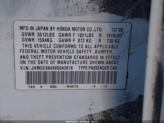 2009 Honda Fit Sport მანქანა იყიდება აუქციონზე, vin: JHMGE88499S042818, აუქციონის ნომერი: 46353270