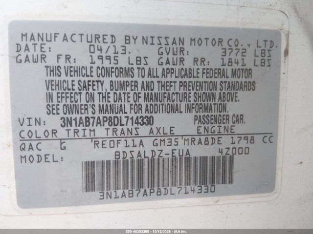 Продаж на аукціоні авто 2013 Nissan Sentra Sv, vin: 3N1AB7AP8DL714330, номер лоту: 46353368