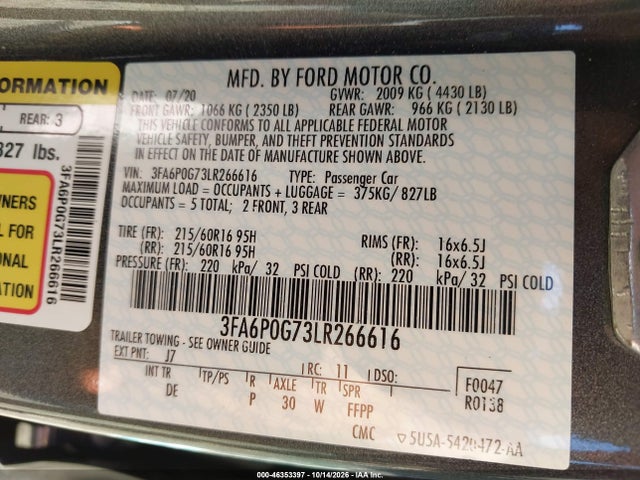 Продаж на аукціоні авто 2020 Ford Fusion S, vin: 3FA6P0G73LR266616, номер лоту: 46353397